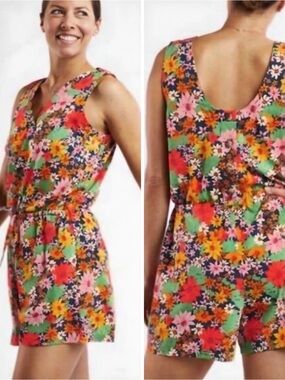 Toad&Co Sunkissed Liv Romper Colorful Floral Print V-Neck Sleeveless Sz Large